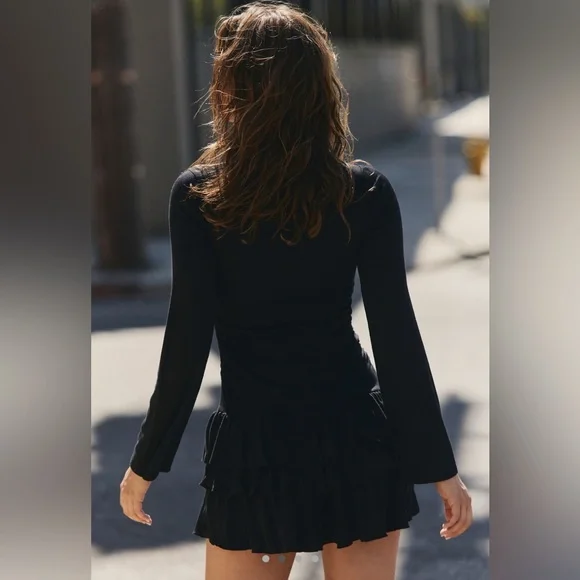 NWT Free People Good Feels Long Sleeve Mini Ruffle Dress Black Sz SMALL festival - Picture 3 of 16